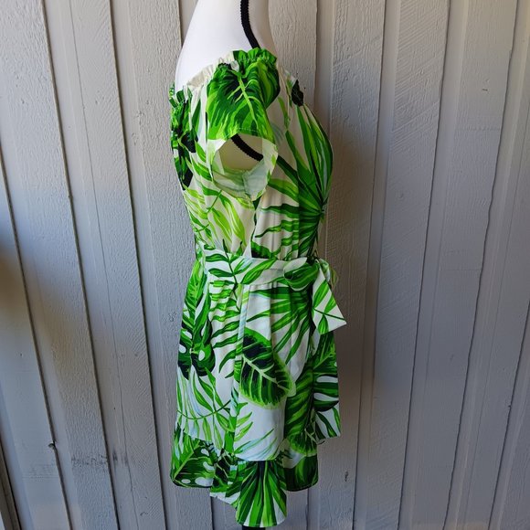 Leafy Green and Cream Short Sleeve Mini Dress Size M - Picture 4 of 5